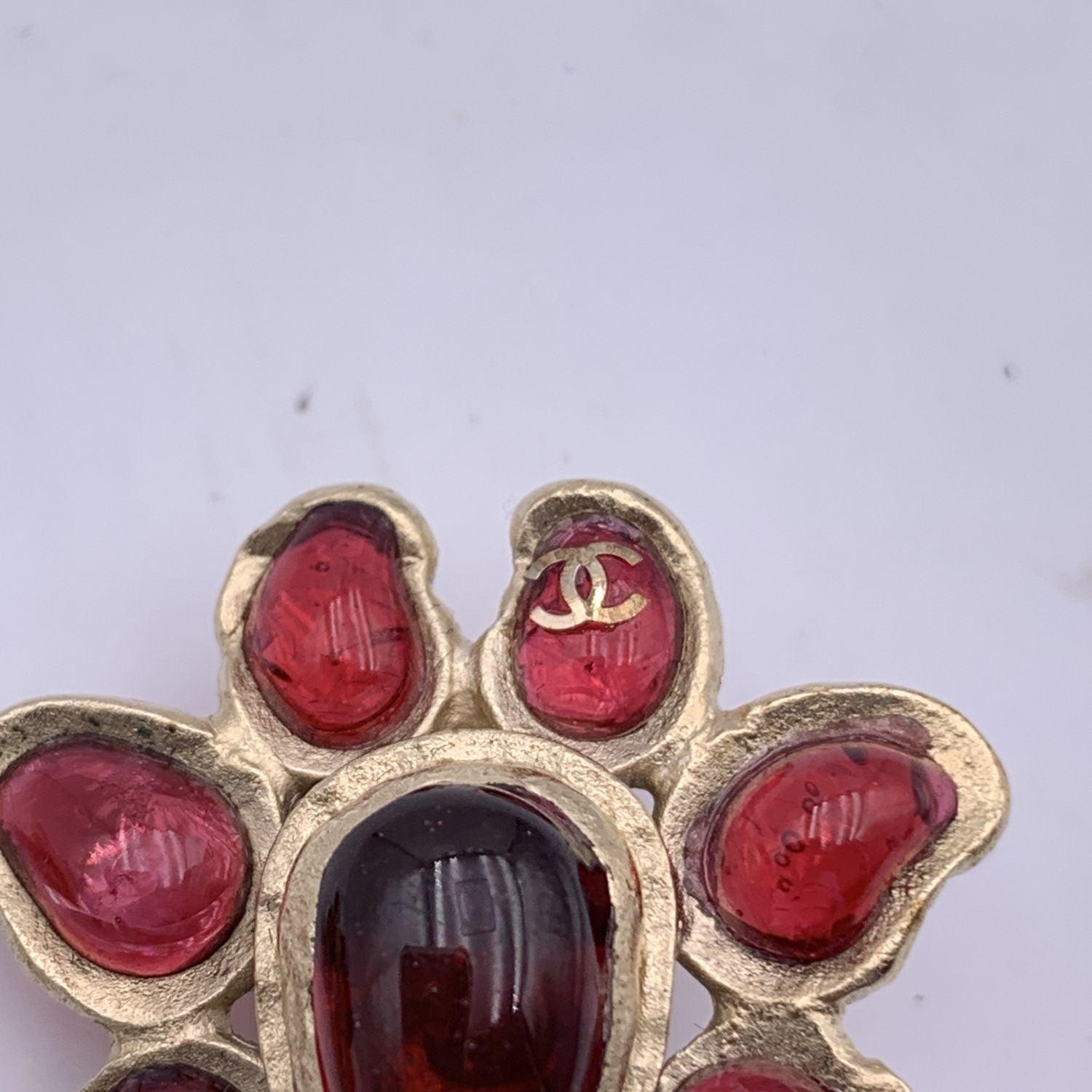 Women's Chanel Light Gold Red Glass Cabochon Flowers Earrings
