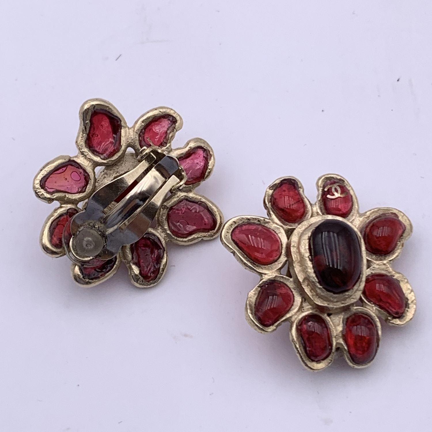 Chanel Light Gold Red Glass Cabochon Flowers Earrings 1
