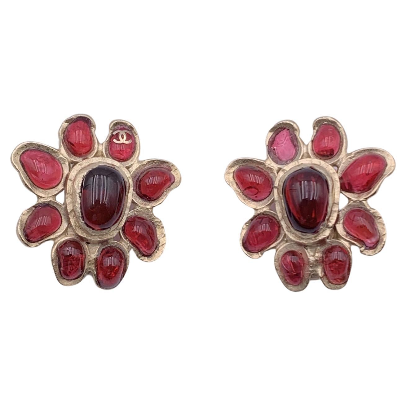 Chanel Light Gold Red Glass Cabochon Flowers Earrings For Sale at