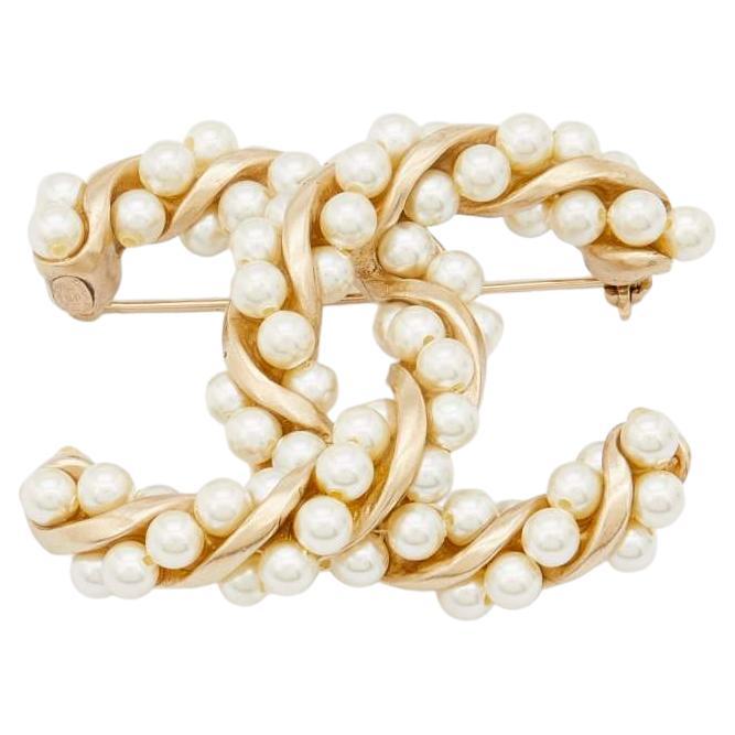 Coco Chanel Signature Vintage Gold Tone Faux Pearl Clear Rhinestone C
