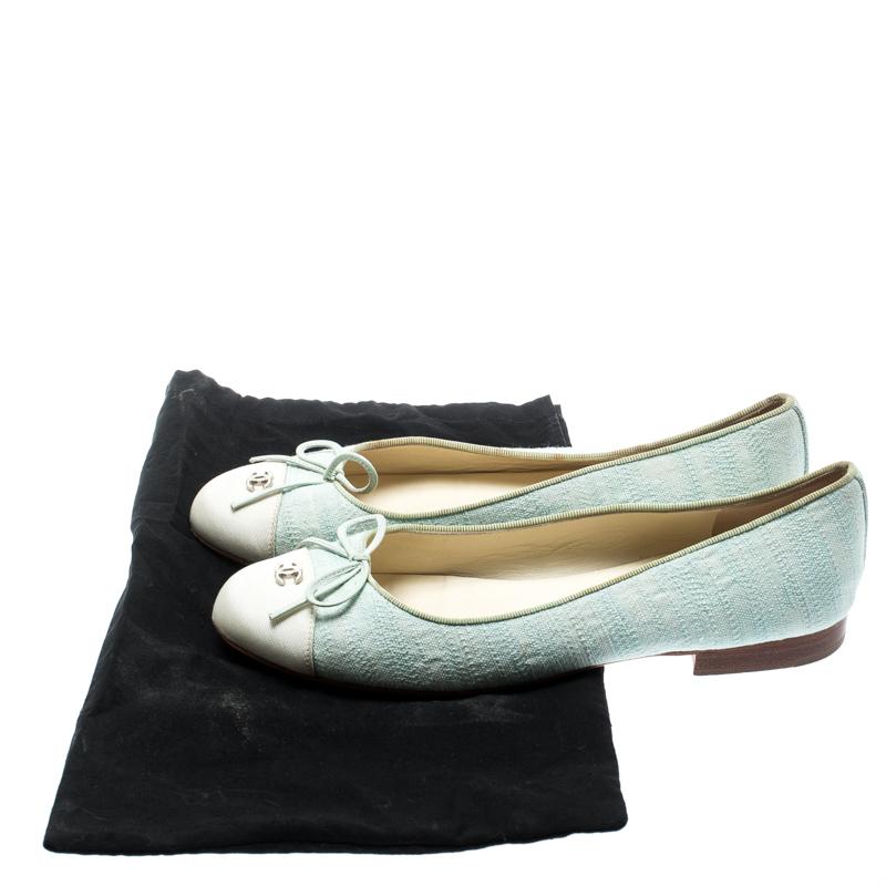 Chanel Light Green Canvas White Cap Toe CC Bow Ballet Flats Size 36.5 2