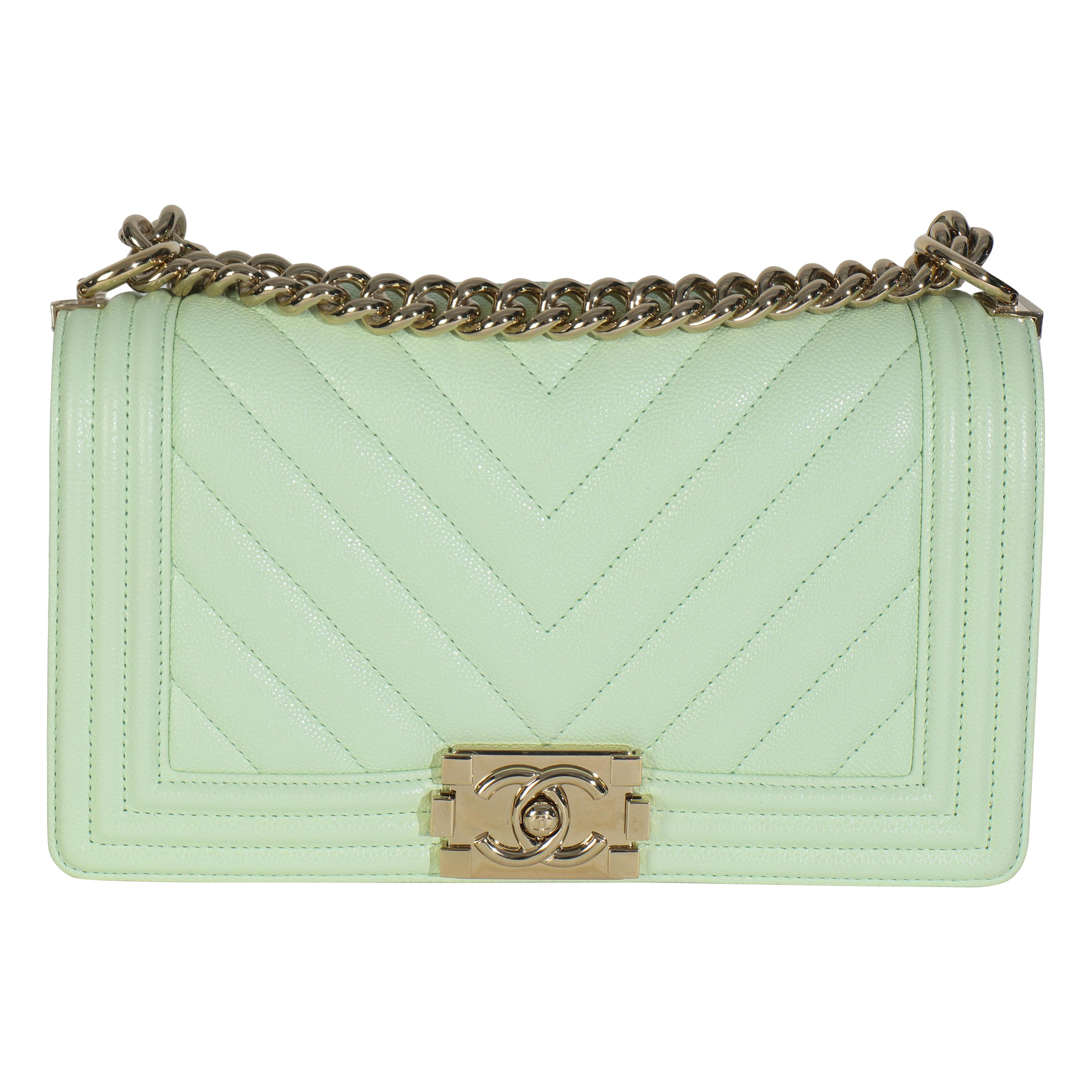 Chanel Light Green Caviar Chevron Old Medium Boy Bag
