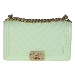 Chanel Light Green Caviar Chevron Old Medium Boy Bag