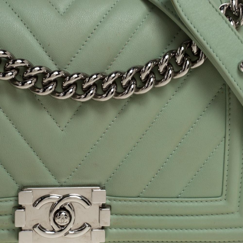 Chanel Light Green Chevron Leather Medium Boy Flap Bag 8