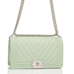 Chanel Light Green Chevron Quilted Calfskin Medium Boy Bag