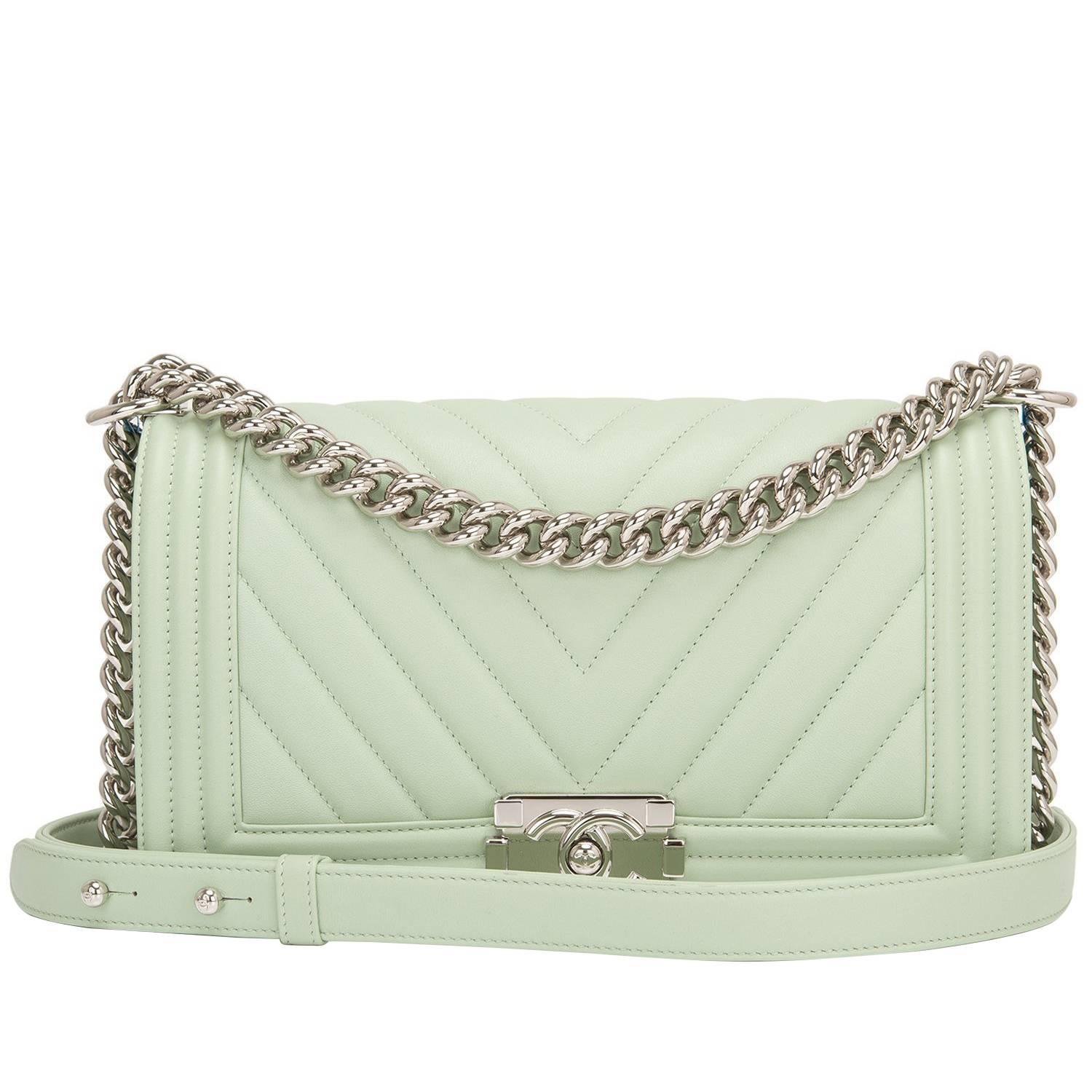 Chanel Light Green Chevron Quilted Calfskin Medium Boy Bag For Sale