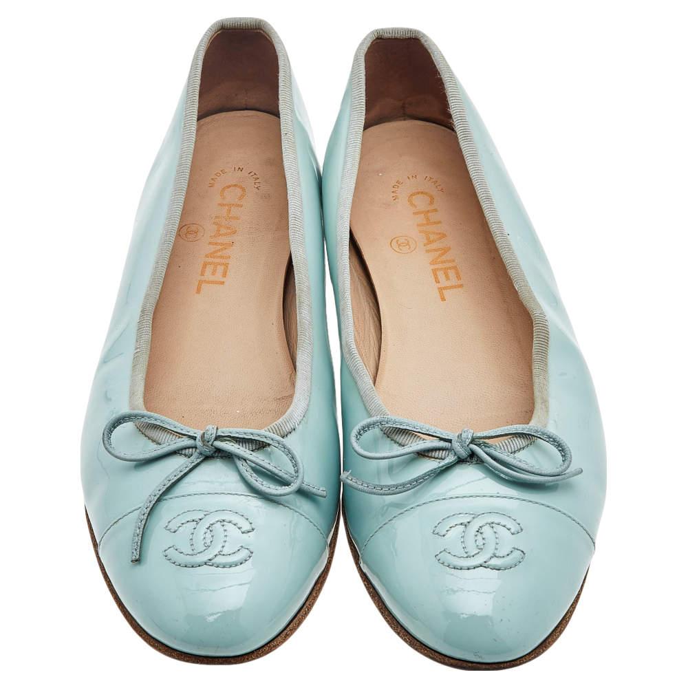 Chanel Light Green Patent Leather Bow CC Cap Toe Ballet Flats Size 39.5 2
