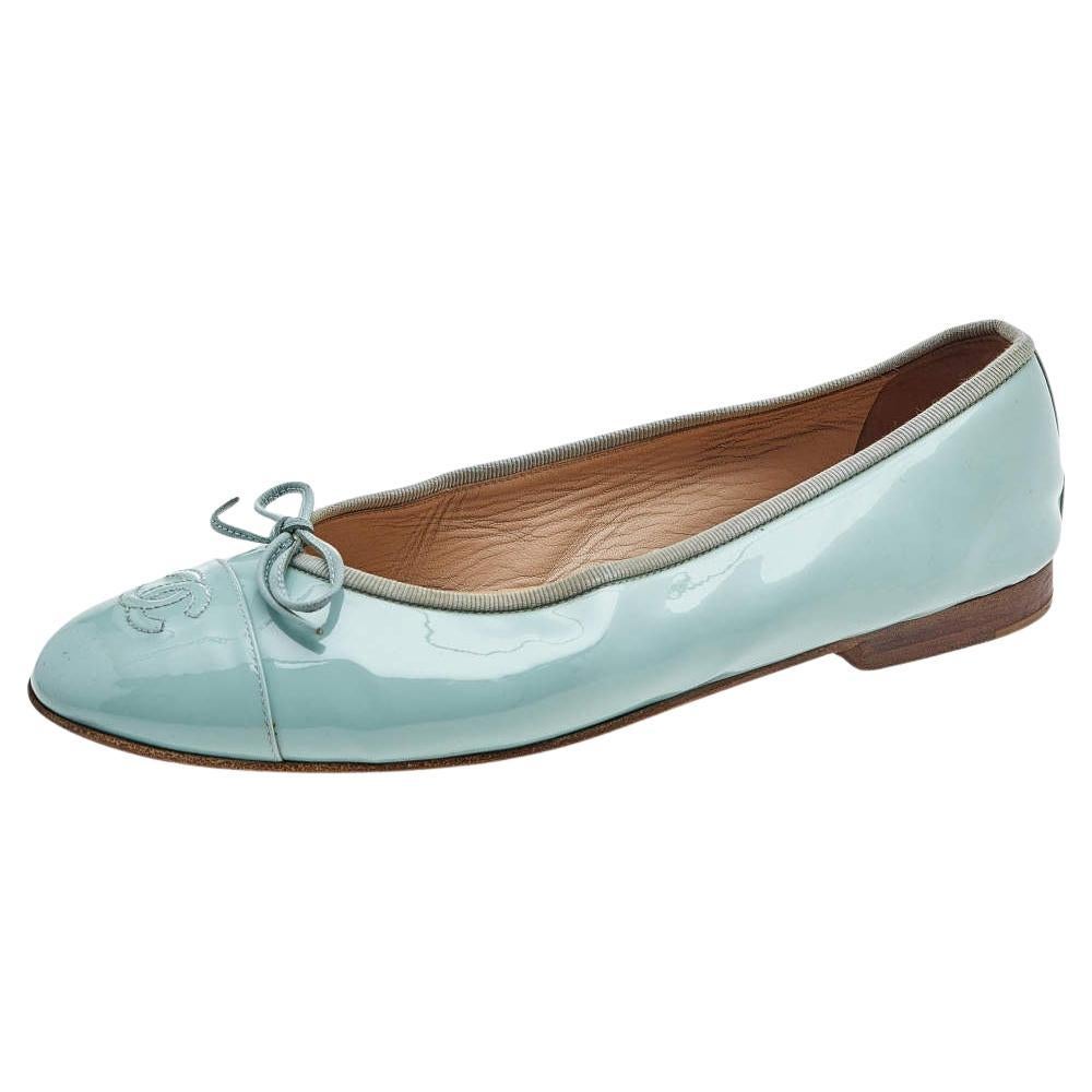 Chanel Light Green Patent Leather Bow CC Cap Toe Ballet Flats Size 39.5