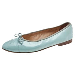 Chanel Light Green Patent Leather Bow CC Cap Toe Ballet Flats Size 39.5