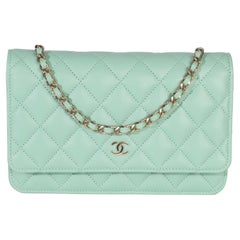 Chanel Light Green Quilted Caviar Classic Wallet On Chain