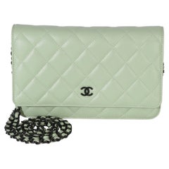 Chanel Light Green Quilted Lambskin Classic Wallet On Chain
