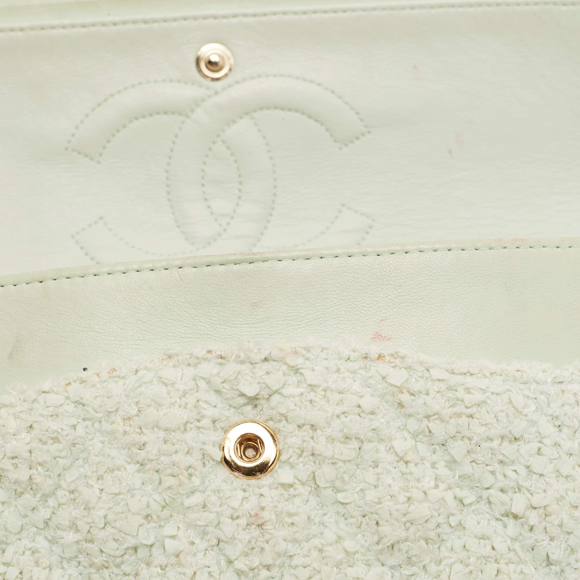 Chanel Light Green Tweed Medium Classic Double Flap Bag 14