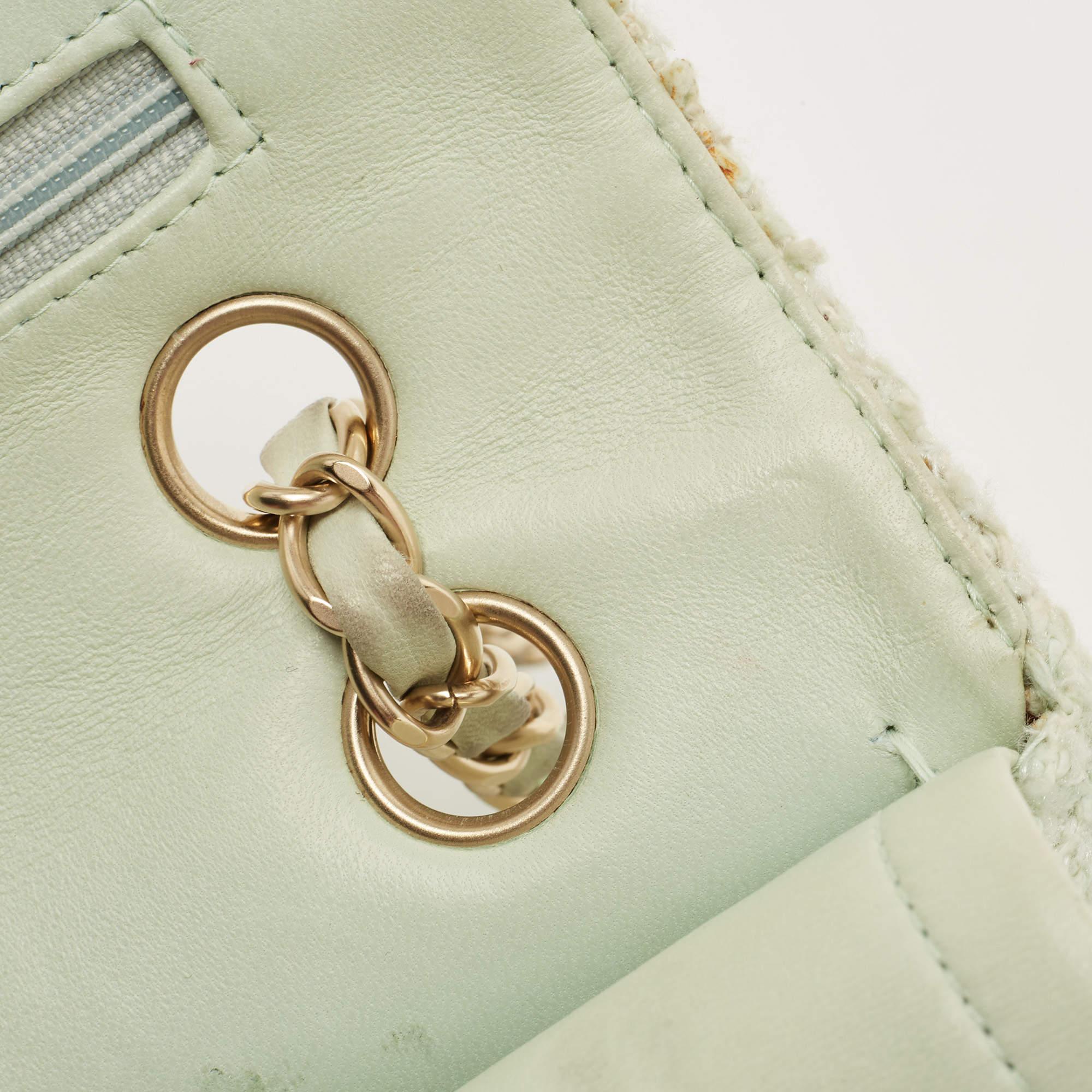 Chanel Light Green Tweed Medium Classic Double Flap Bag 15