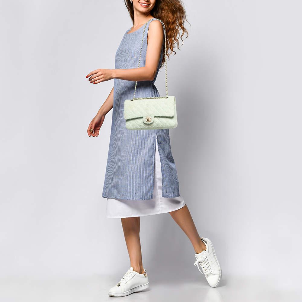 Chanel Light Green Tweed Medium Classic Double Flap Bag In Fair Condition In Dubai, Al Qouz 2