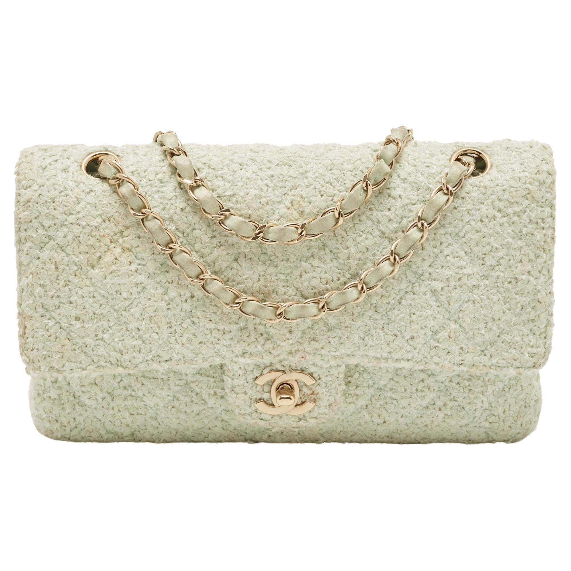 Chanel Light Green Tweed Medium Classic Double Flap Bag For Sale at 1stDibs
