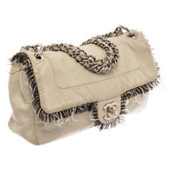 Chanel Light Grey Lambskin Leather Fringe Flap Shoulder Bag