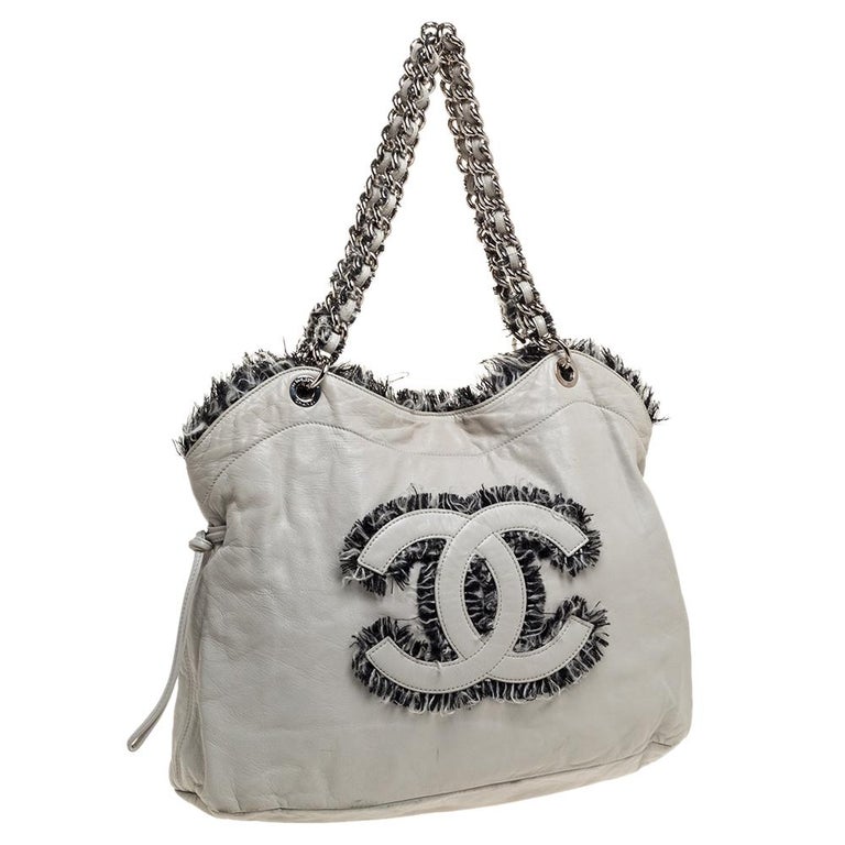 Chanel Light Grey Leather and Tweed Drawstring CC Tweedy Tote at 1stDibs