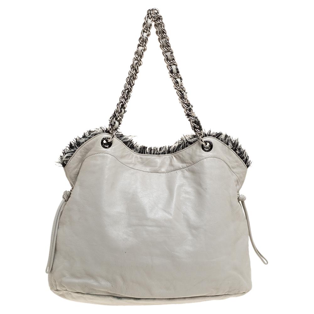 Chanel Hellgrau Leder und Tweed Kordelzug CC Tweedy Tote 3