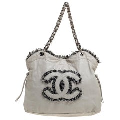 Chanel Hellgrau Leder und Tweed Kordelzug CC Tweedy Tote