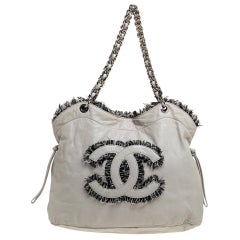 Chanel Light Grey Leather and Tweed Drawstring CC Tweedy Tote