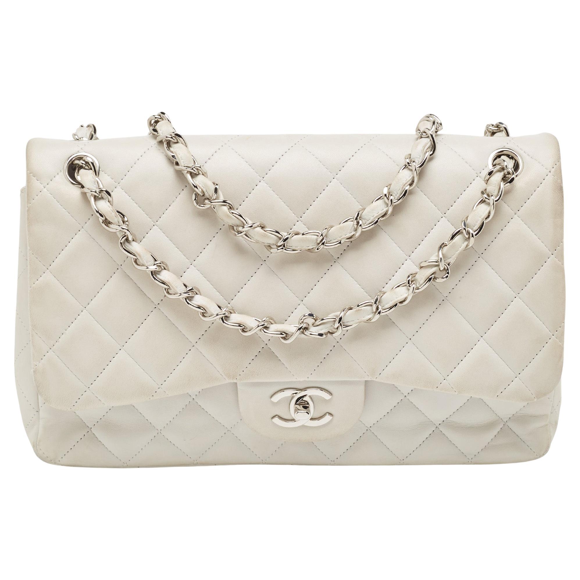 Chanel Light Grey Quilted Leather Jumbo Classic Double Flap Bag For Sale