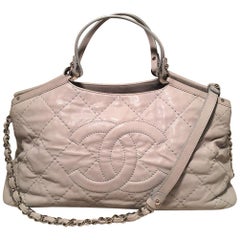 Chanel Light Grey Shimmery Leather CC Quilted Shoulder Bag Tote