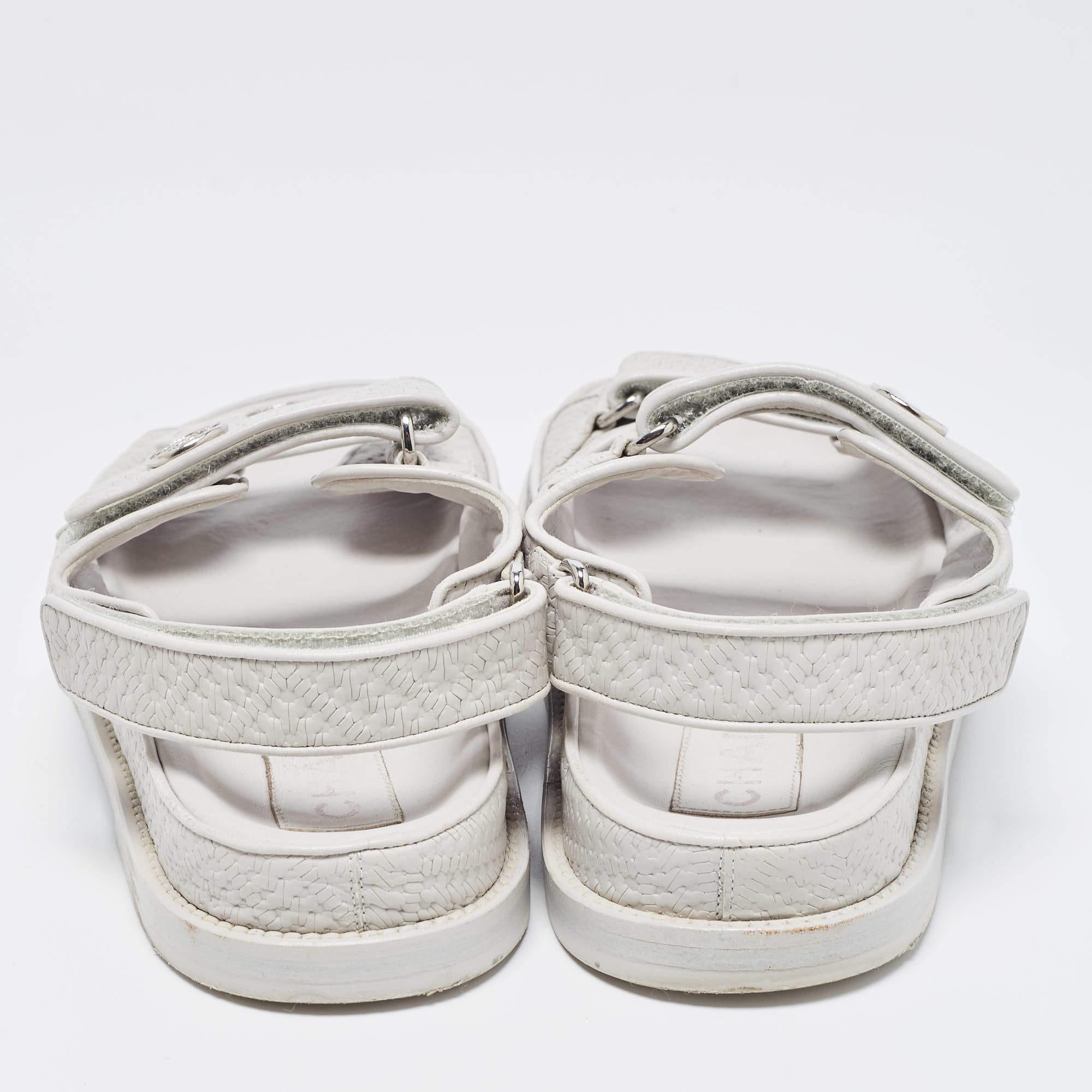 Gray Chanel Light Grey Textured Leather Dad Sandals Size 39