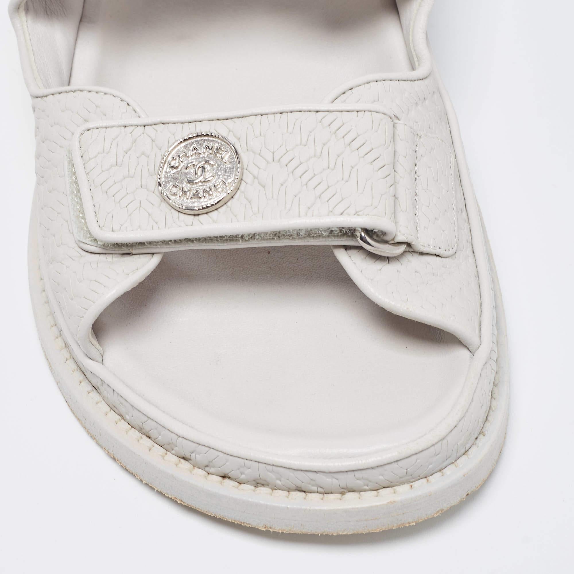 Chanel Light Grey Textured Leather Dad Sandals Size 39 2