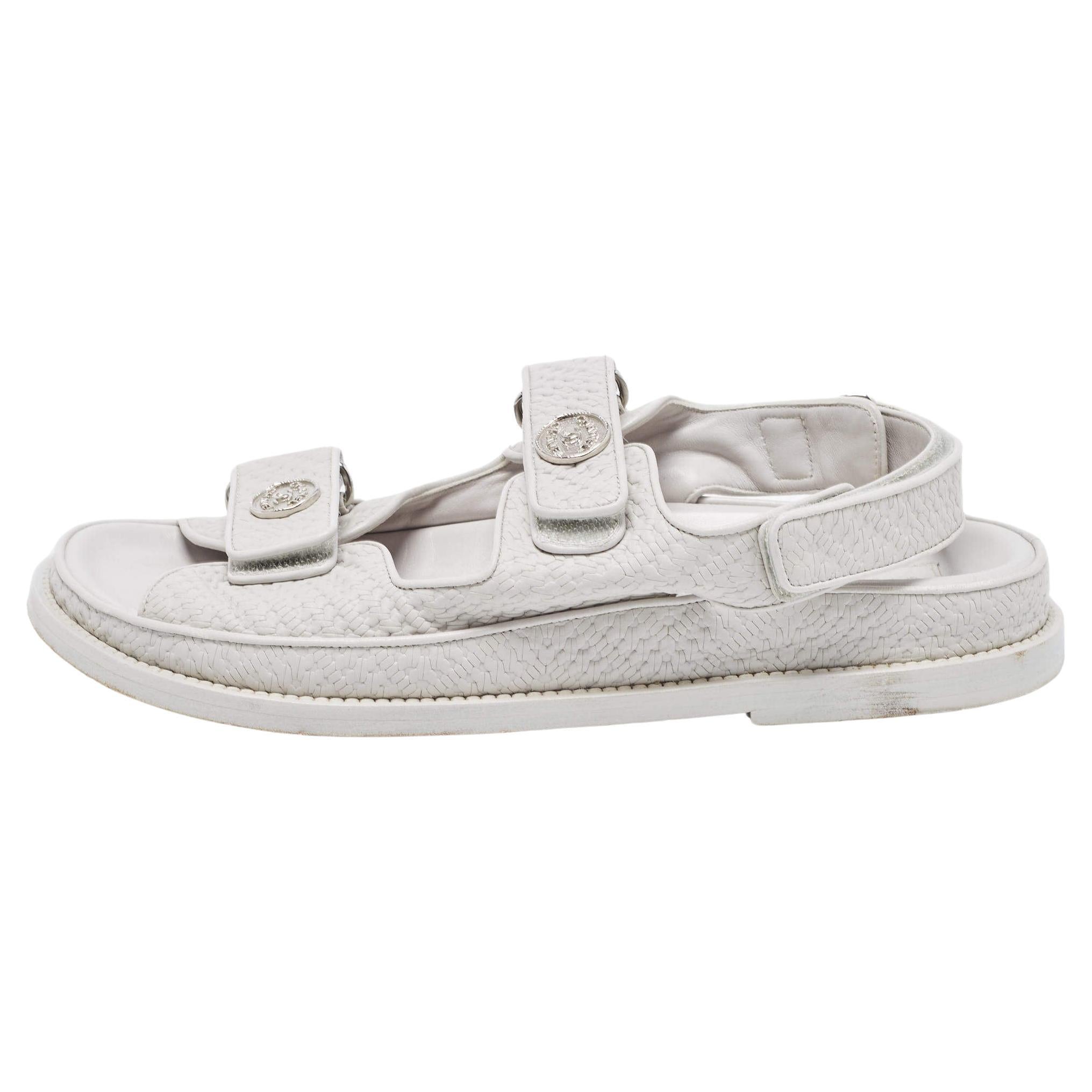 Chanel Light Grey Textured Leather Dad Sandals Size 39