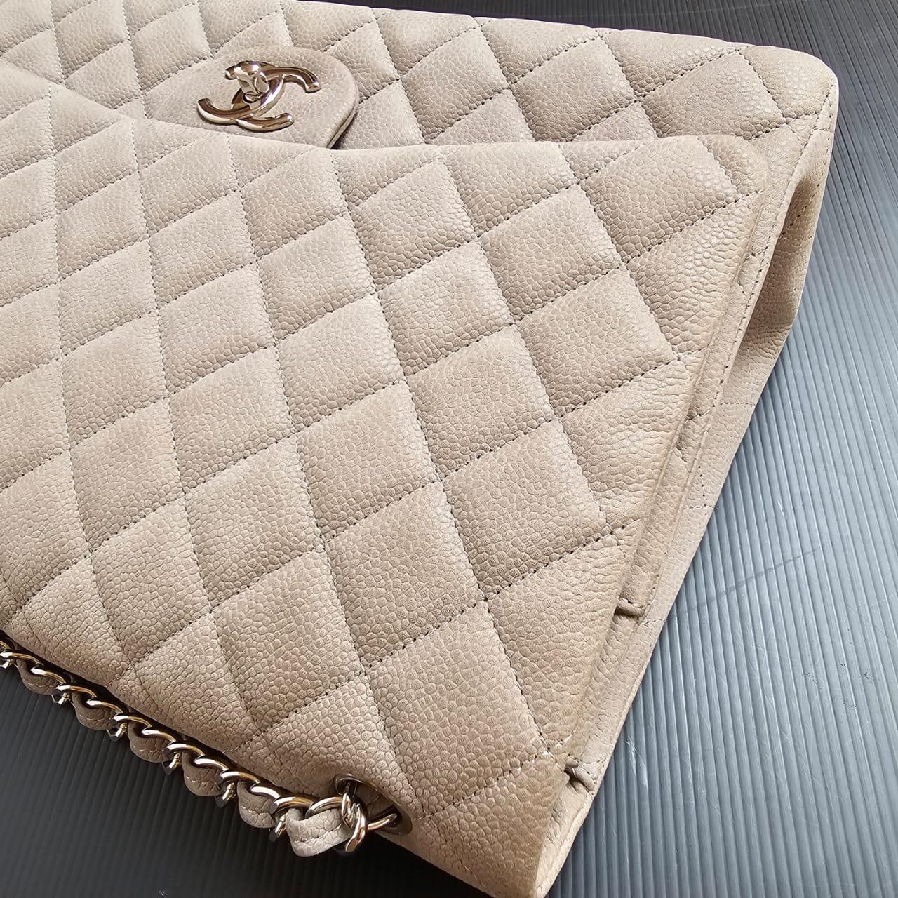 Chanel  Light Grey Wet Caviar Quilted Maxi Double Flap Bag For Sale 10