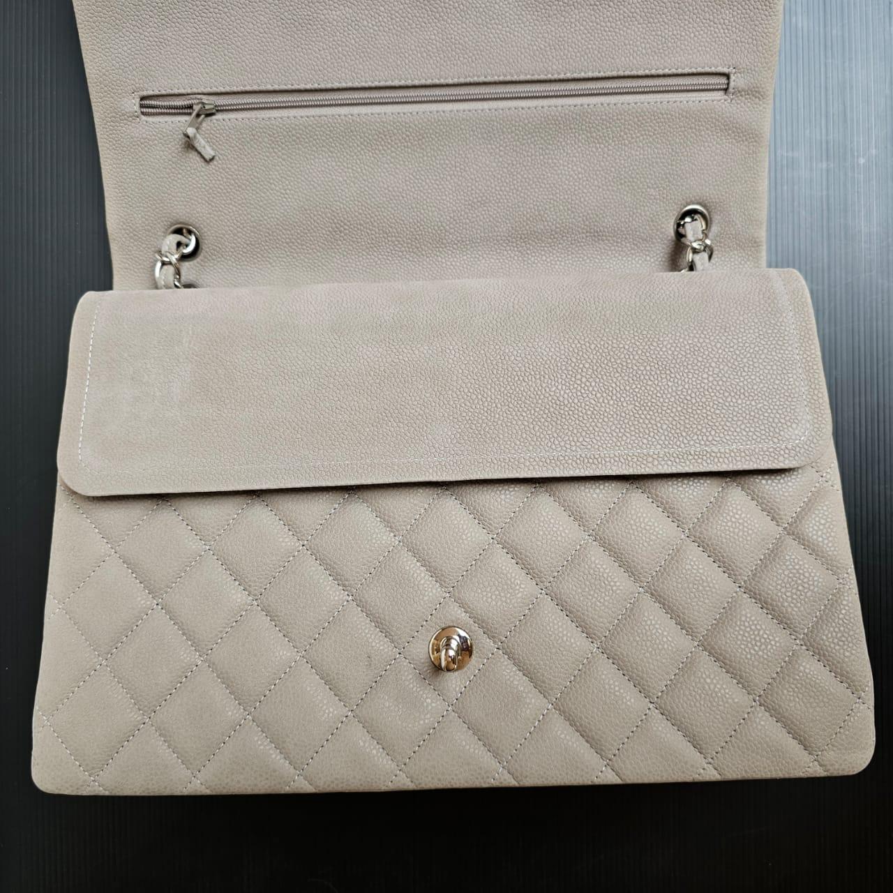 Chanel  Light Grey Wet Caviar Quilted Maxi Double Flap Bag For Sale 15