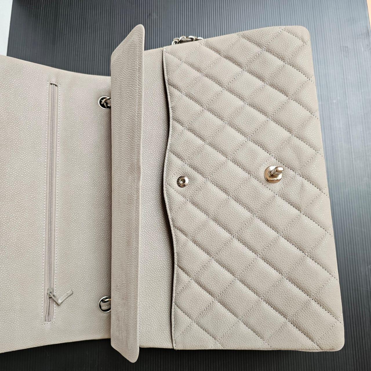 Chanel  Light Grey Wet Caviar Quilted Maxi Double Flap Bag For Sale 3