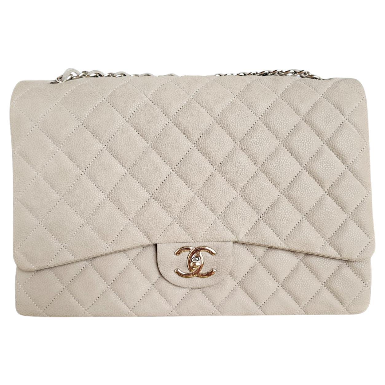 Chanel  Light Grey Wet Caviar Quilted Maxi Double Flap Bag