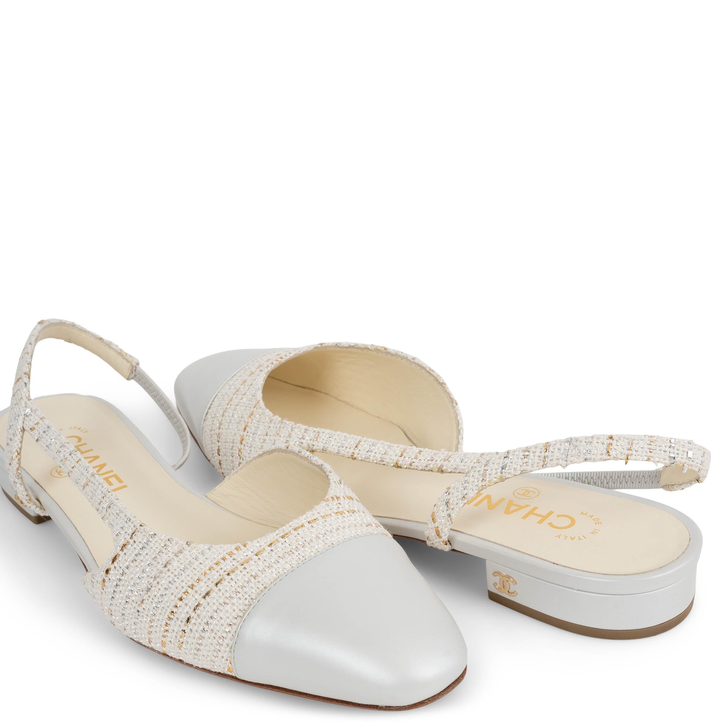 CHANEL hellgrau & weiß TWEED & LEATHER SLINGBACK Flats Schuhe 39 im Angebot 2
