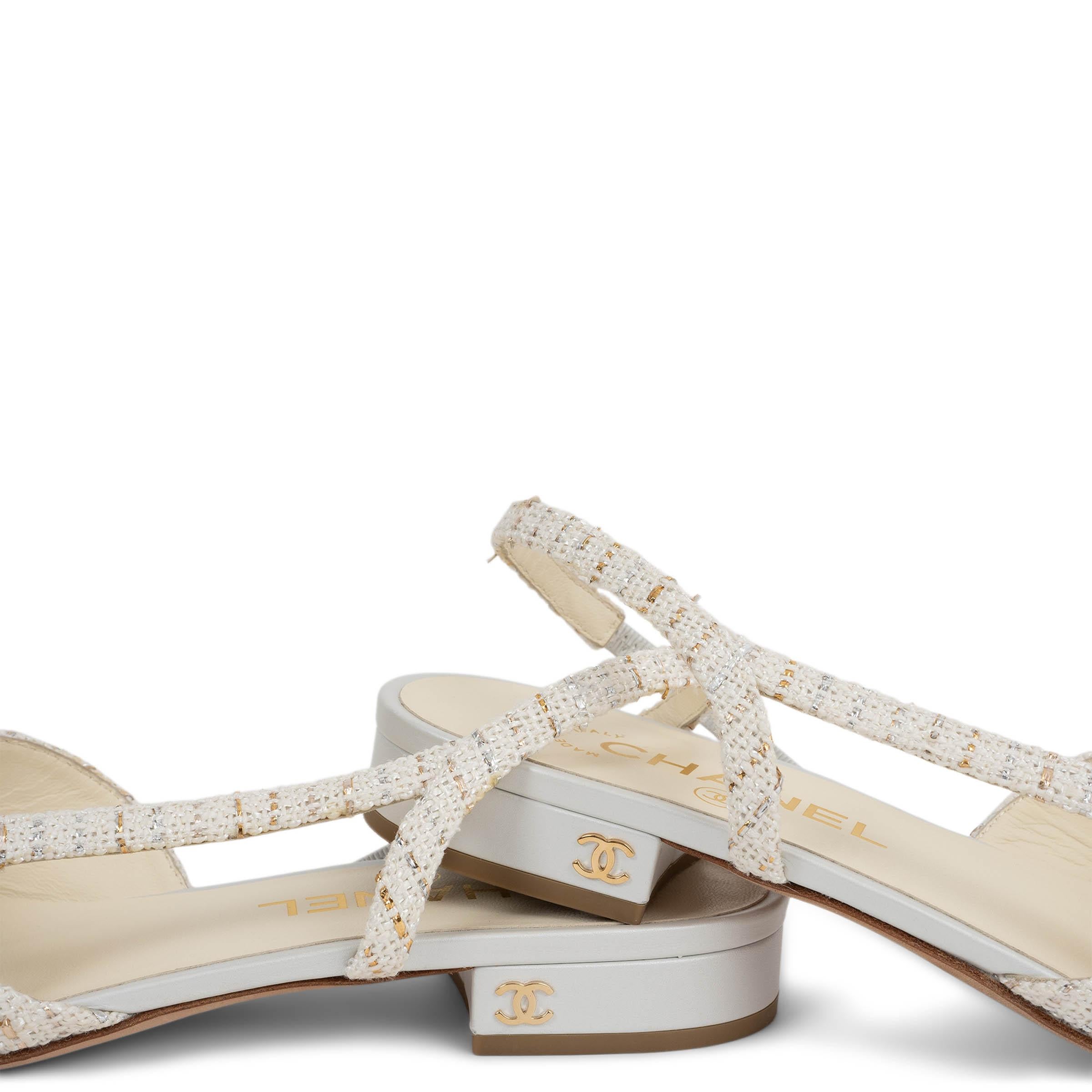 CHANEL hellgrau & weiß TWEED & LEATHER SLINGBACK Flats Schuhe 39 im Angebot 3