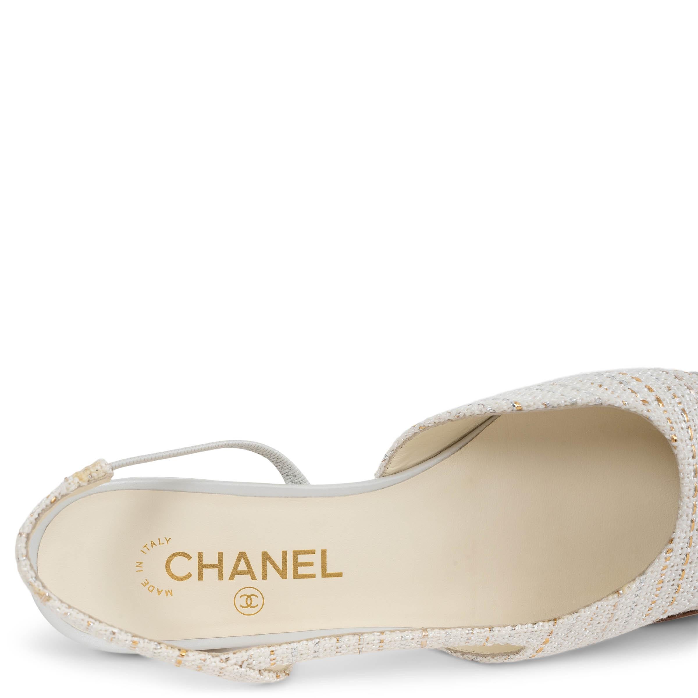 CHANEL hellgrau & weiß TWEED & LEATHER SLINGBACK Flats Schuhe 39 im Angebot 4