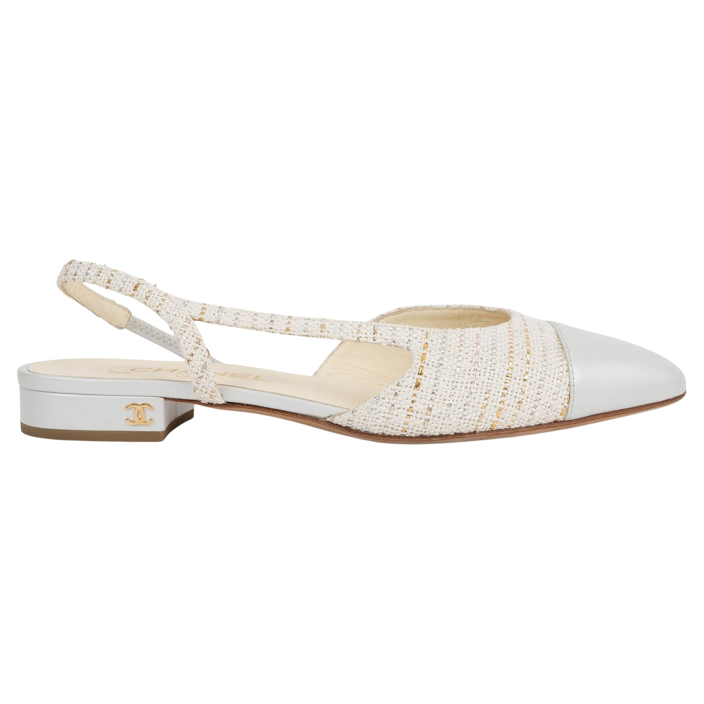 CHANEL gris Light & blanc TWEED & LEATHER SLINGBACK Flats Shoes 39