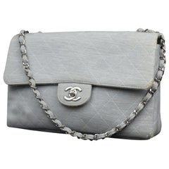 Chanel Light Medium Classic Single Flap 227923 Blue Cotton Shoulder Bag