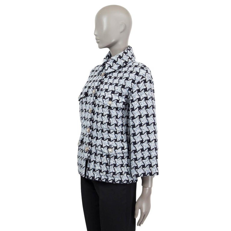 Chanel Light & Navy Blue Cotton 2019 19B Houndstooth Tweed Jacket 38 S