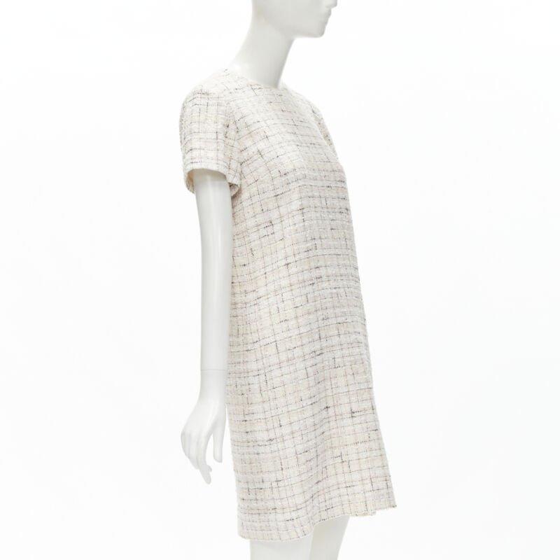 Gray CHANEL light pink beige black check tweed short sleeve sheath dress FR38 M