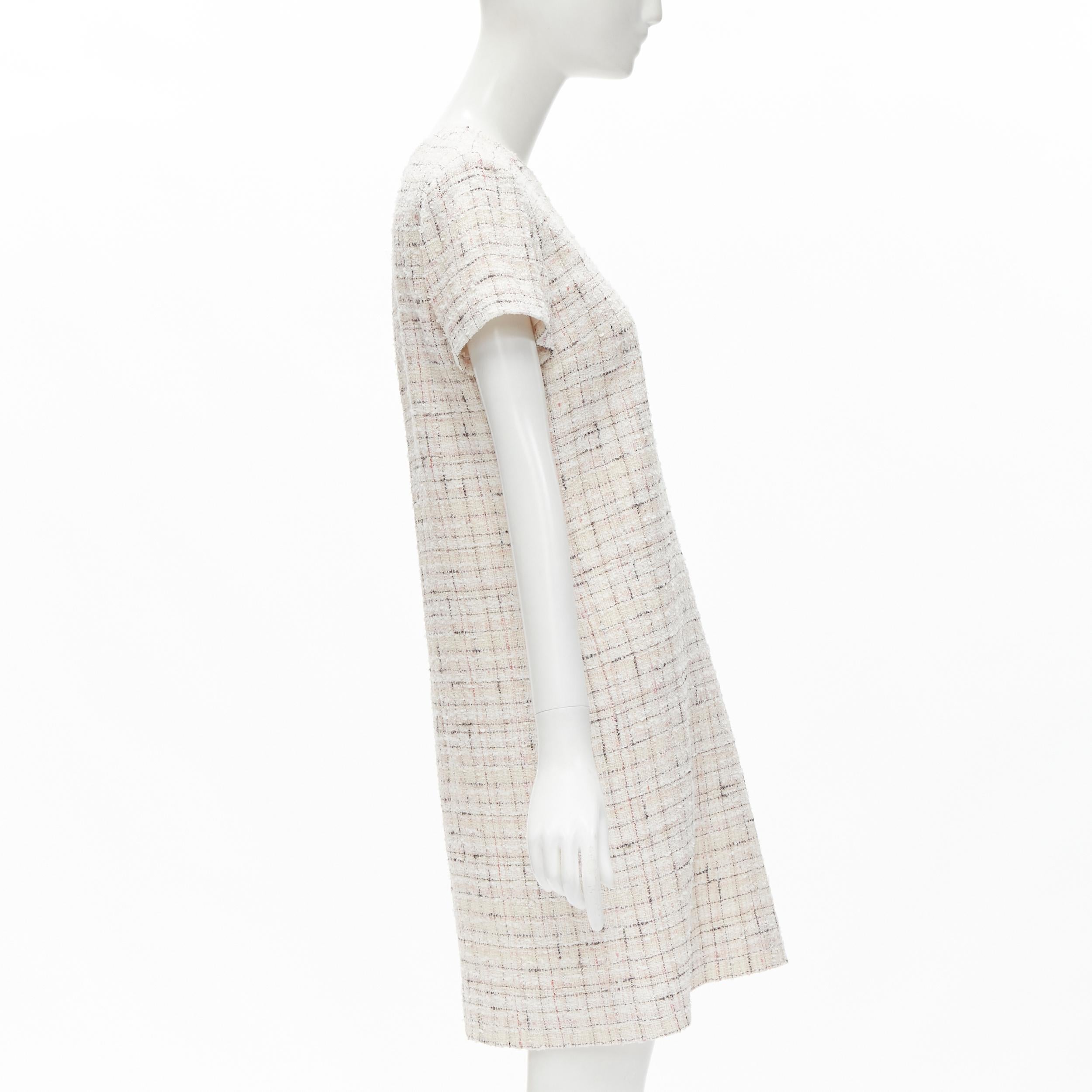 CHANEL light pink beige black check tweed short sleeve sheath dress FR38 M In Excellent Condition For Sale In Hong Kong, NT