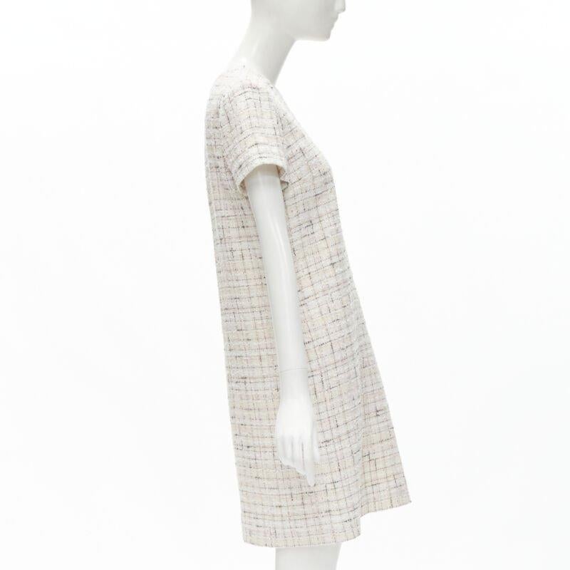 CHANEL light pink beige black check tweed short sleeve sheath dress FR38 M In Excellent Condition In Hong Kong, NT