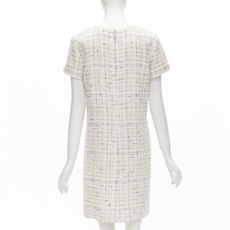 Women's CHANEL light pink beige black check tweed short sleeve sheath dress FR38 M