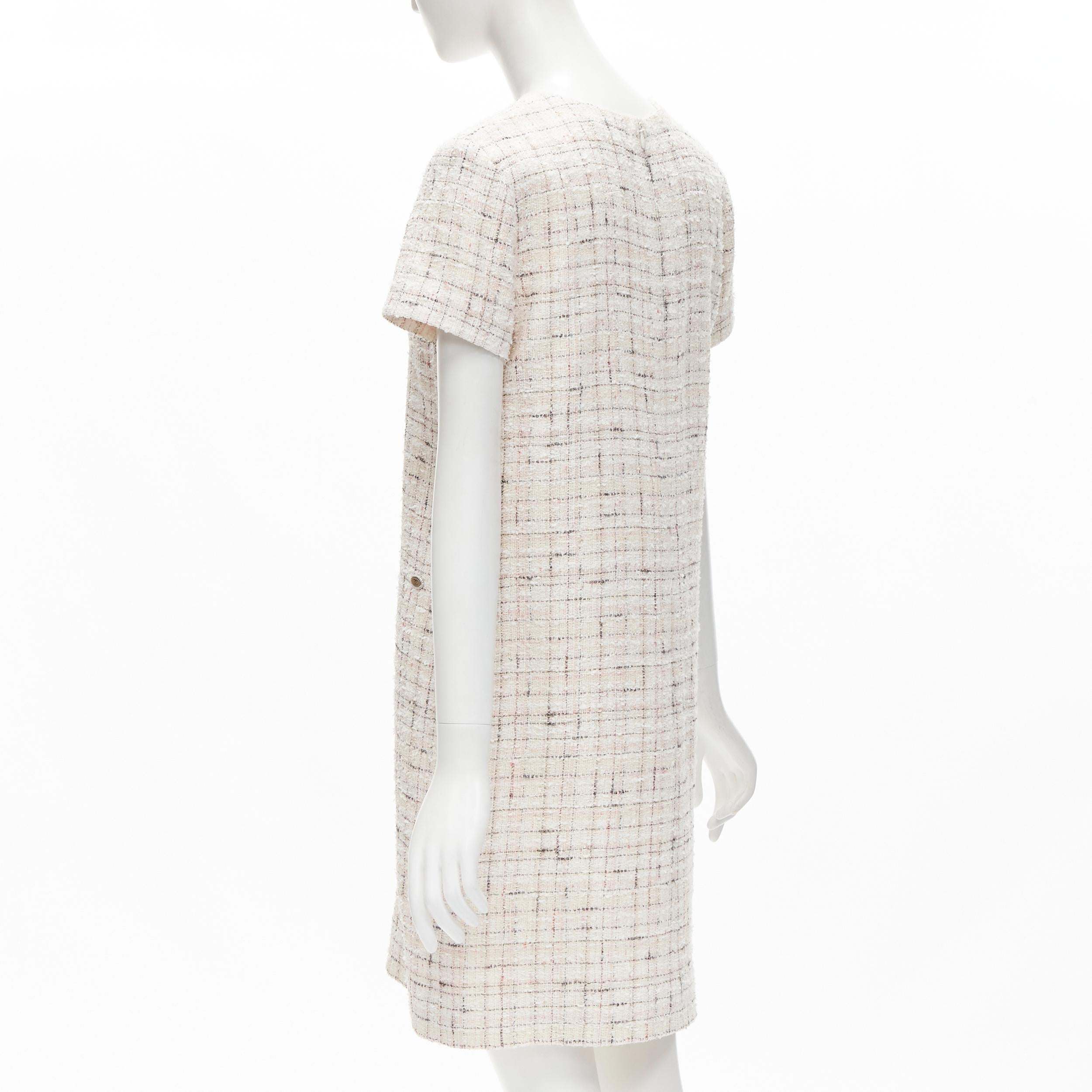 CHANEL light pink beige black check tweed short sleeve sheath dress FR38 M For Sale 1