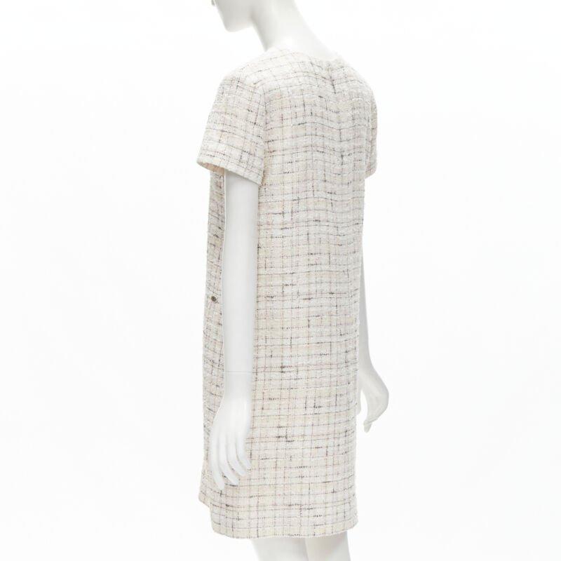 CHANEL light pink beige black check tweed short sleeve sheath dress FR38 M 1