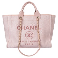 CHANEL light pink canvas 2020 20P DEAUVILLE MEDIUM Tote Bag