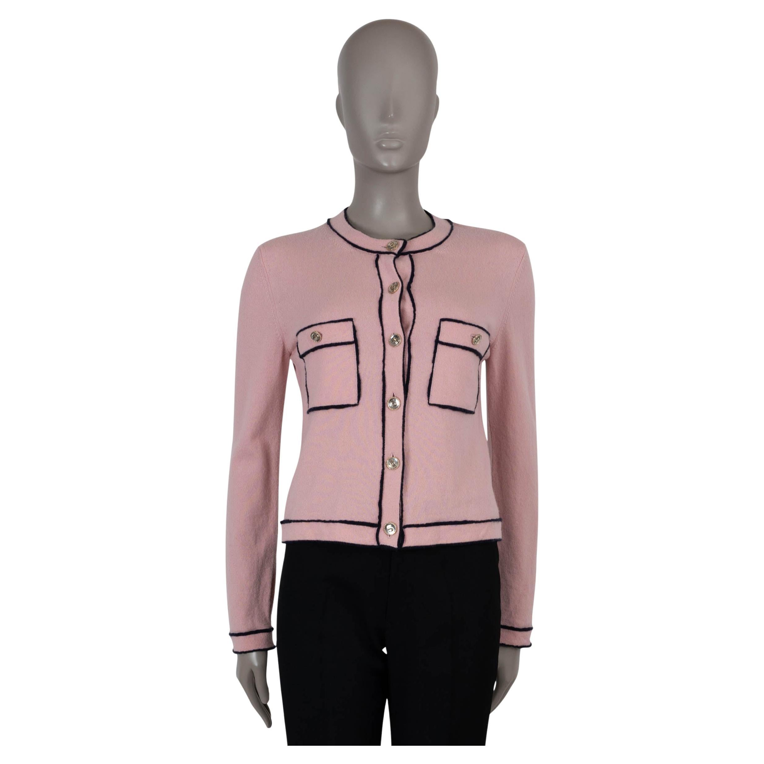 CHANEL rosa claro cachemira 21S CONTRASTE TRIM Cárdigan Jersey 38 S