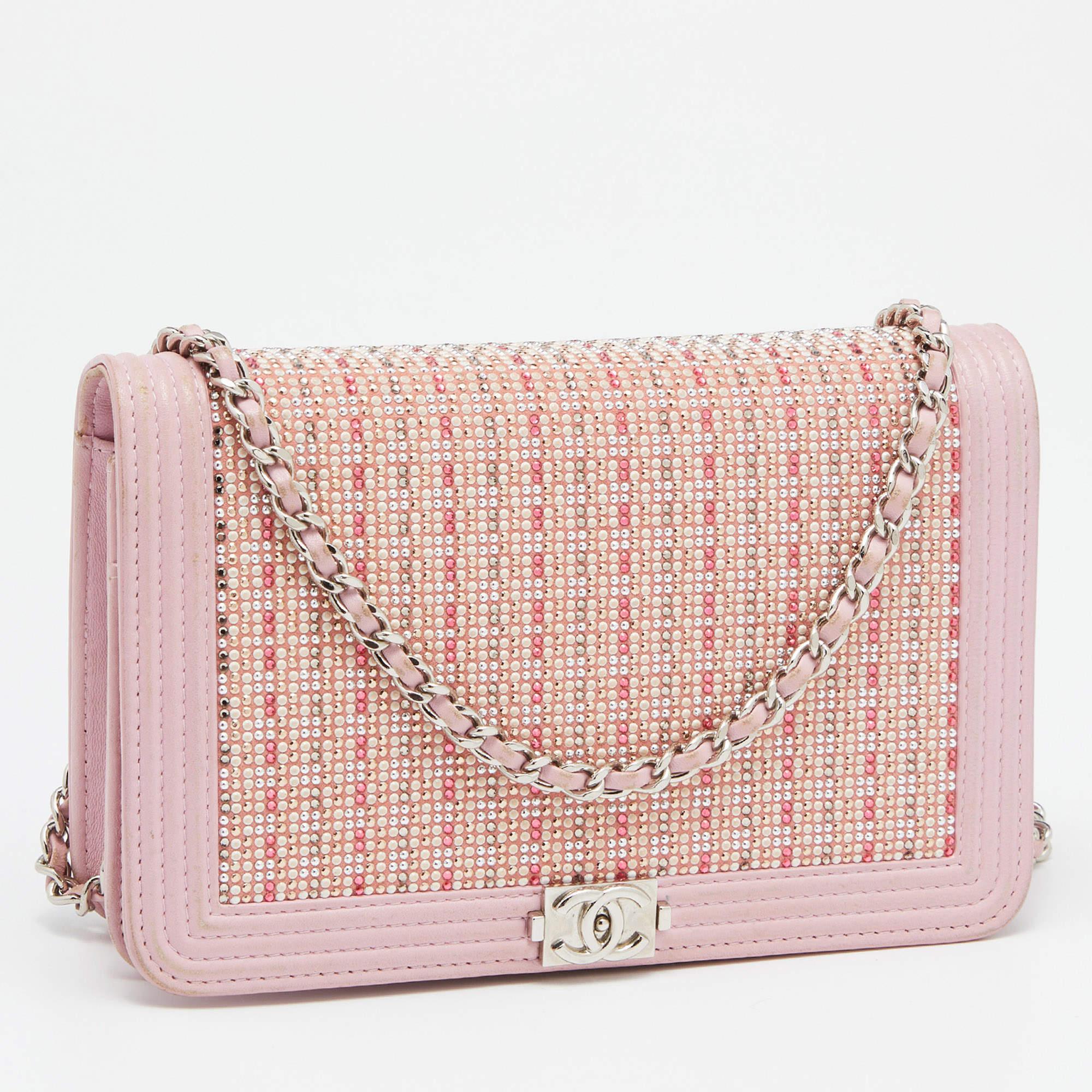 Women's Chanel Light Pink Leather Crystals Embellished Boy Wallet On Chain