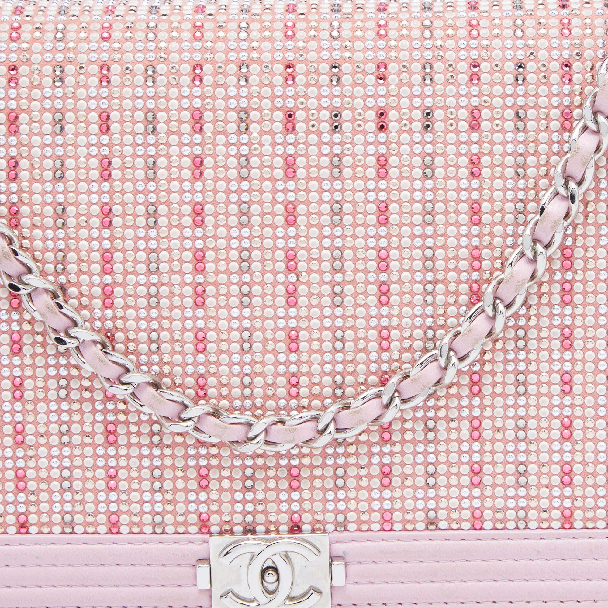 Chanel Light Pink Leather Crystals Embellished Boy Wallet On Chain 2