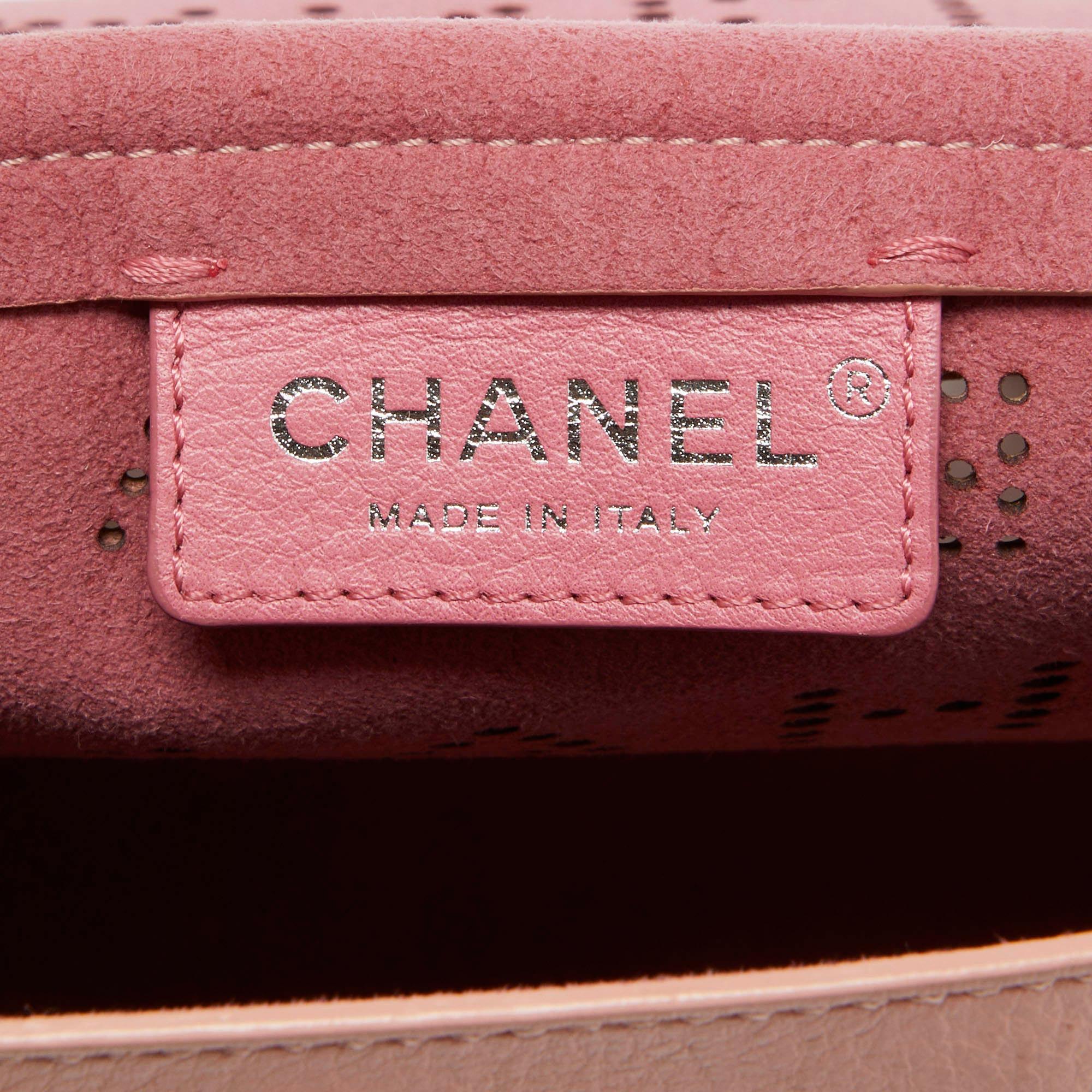 Chanel Light Pink Leather Perforated Logo Flap Bag 9